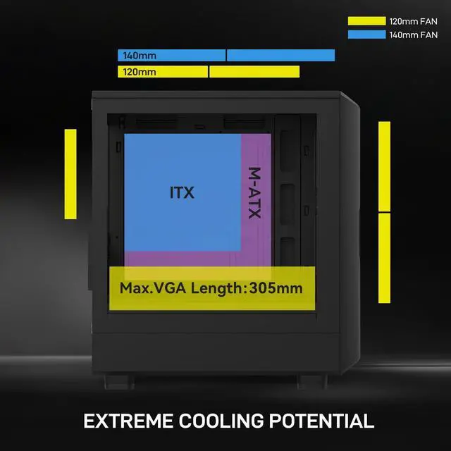 Alt view image 3 of 5 - ALSEYE Rams2.0 Mid Tower PC Case Micro-ATX/ITX MATX Tempered Glass Side Panel, ARGB Control Dust Filters Support 180mm CPU Cooler/305mm GPU/160mm PSU 6x120mm Fans, 240mm Top Radiator (Black)