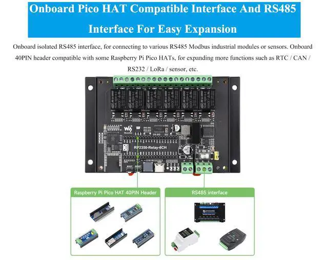 Alt view image 5 of 5 - Industrial 6-Channel RP2350 Relay Module, Onboard RS485/Pico HAT Interfaces, Compatible with Raspberry Pi Pico Hats, Expanding RTC/CAN / RS232 / LoRa/Sensor, RS485,etc. Multi Protection Circuits