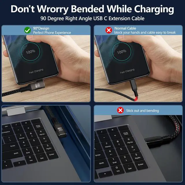 Alt view image 2 of 5 - KMMXXCPM Right Angle usbc Extension Cable 3.3FT Compatible with Thunderbolt 5/4/3 Extender 80Gbps Data Transfer,USB c Male to Female Extension 90 Degree Cable,8K/16K Display/PD3.1 240W Fast Charging.