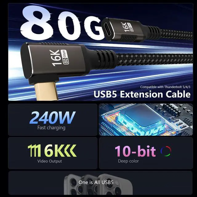 Alt view image 3 of 5 - KMMXXCPM Right Angle usbc Extension Cable 3.3FT Compatible with Thunderbolt 5/4/3 Extender 80Gbps Data Transfer,USB c Male to Female Extension 90 Degree Cable,8K/16K Display/PD3.1 240W Fast Charging.