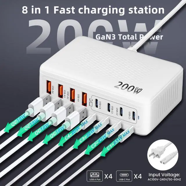 Alt view image 2 of 5 - 200W USB C Charger Block,Upgraded GaN III 8-Port Fast Charging Station Hub,PD 65W Laptop Charger Adapter Compatible with MacBook Pro/Air,DELL,Steam Deck,iPhone 16/15/14,Galaxy S23/22 etc (White)