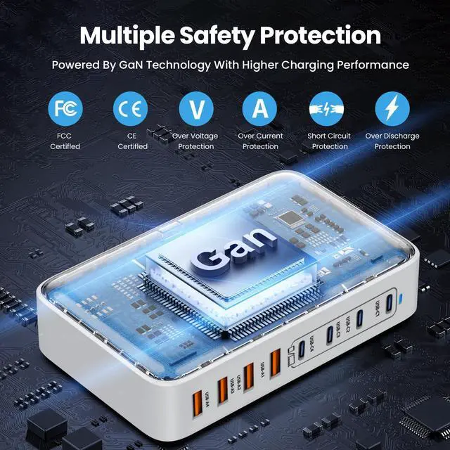 Alt view image 4 of 5 - 200W USB C Charger Block,Upgraded GaN III 8-Port Fast Charging Station Hub,PD 65W Laptop Charger Adapter Compatible with MacBook Pro/Air,DELL,Steam Deck,iPhone 16/15/14,Galaxy S23/22 etc (White)
