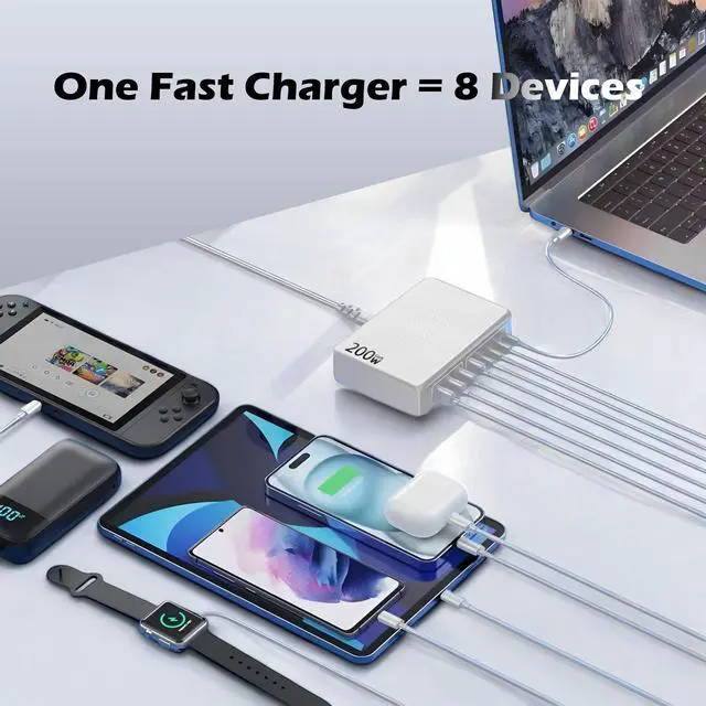 Alt view image 5 of 5 - 200W USB C Charger Block,Upgraded GaN III 8-Port Fast Charging Station Hub,PD 65W Laptop Charger Adapter Compatible with MacBook Pro/Air,DELL,Steam Deck,iPhone 16/15/14,Galaxy S23/22 etc (White)