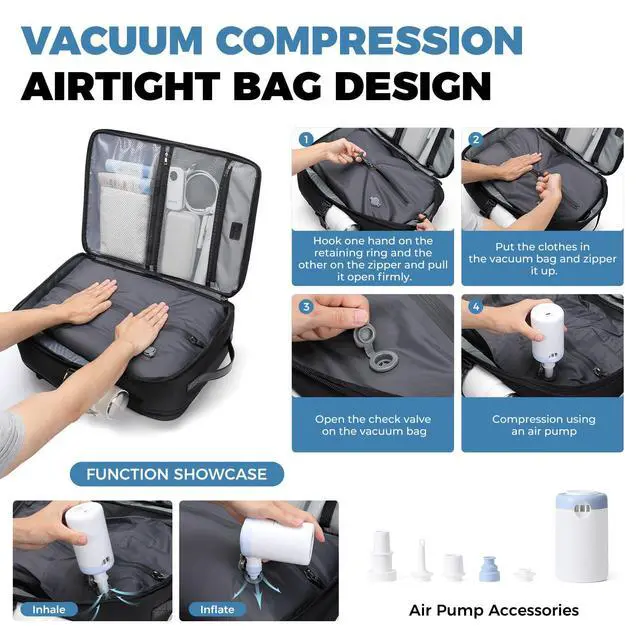 Alt view image 2 of 5 - Vacuum Travel Backpack with Air Pump, 38L Expandable Air Compression System Water Resistant Luggage for Women & Men, Fits 17.3 Inch Notebook, Multi-Compartment Design for Travel - Vacuum Pump Included