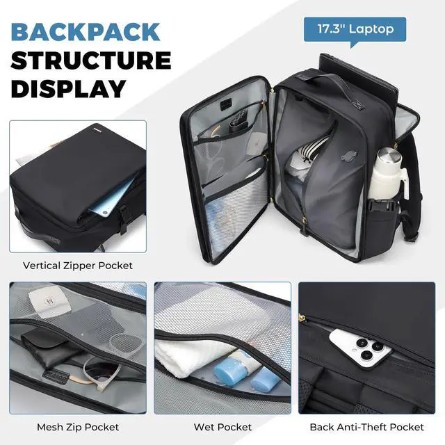 Alt view image 4 of 5 - Vacuum Travel Backpack with Air Pump, 38L Expandable Air Compression System Water Resistant Luggage for Women & Men, Fits 17.3 Inch Notebook, Multi-Compartment Design for Travel - Vacuum Pump Included