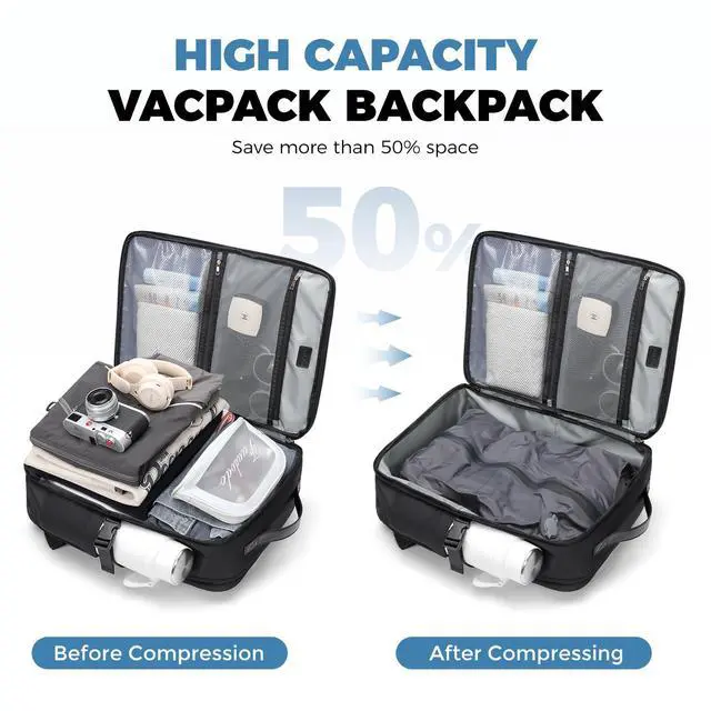 Alt view image 5 of 5 - Vacuum Travel Backpack with Air Pump, 38L Expandable Air Compression System Water Resistant Luggage for Women & Men, Fits 17.3 Inch Notebook, Multi-Compartment Design for Travel - Vacuum Pump Included