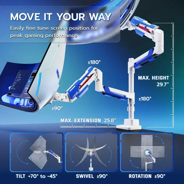 Alt view image 5 of 5 - ARES WING Vertical Dual Monitor Mount - 24-57" Aluminum Heavy Duty Monitor Arms for 2 Monitors, Fully Adjustable Gas Spring Stacked Monitor Stand with 75/100/200 Vesa Mount, White