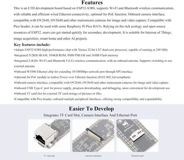 Alt view image 4 of 5 - ESP32-S3 Ethernet Development Board, 10/100Mbps RJ45 ETH Port, Support WiFi & BLE, Ethernet Communication, 240MHz Dual Core Processor, Onboard Type-C Port, with PoE Module+ OV2640 Camera