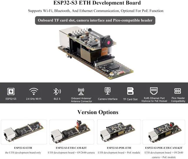 Alt view image 3 of 5 - ESP32-S3 Ethernet Development Board, 10/100Mbps RJ45 ETH Port, Support WiFi & BLE, Ethernet Communication, 240MHz Dual Core Processor, Onboard Type-C Port, with PoE Module+ OV2640 Camera