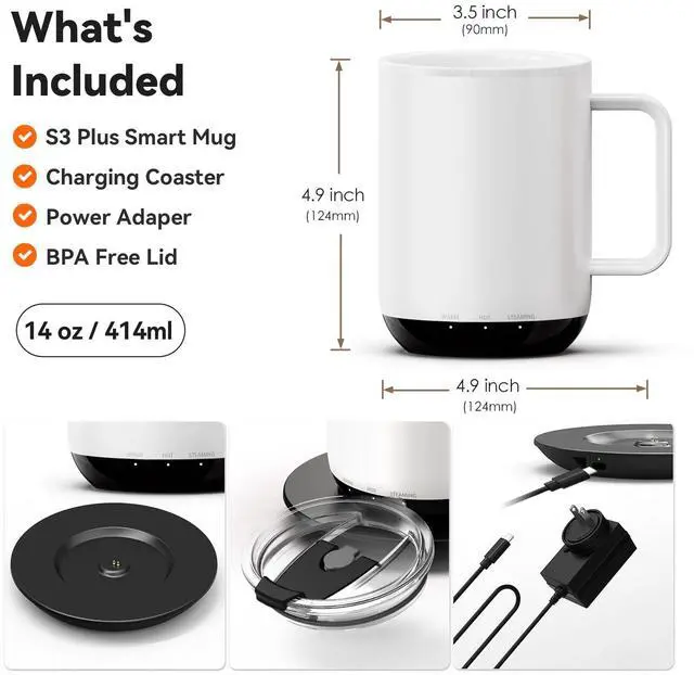 Alt view image 2 of 5 - Vsitoo S3 Plus 14oz Heated Coffee Cup - Temperature Control Smart Mug with Mug Warmer, Auto-Sensing AI Heats Drinks to 120-150°F Hands-Free.Ideal for Home/Office/GiftsWhite