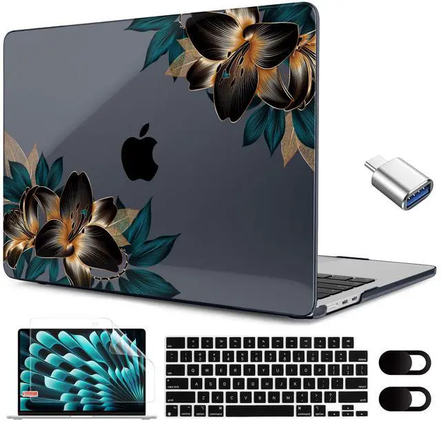 Main image of MEEgoodo for M4/M3/M2 MacBook Air 15.3 inch Case 2025 2024 2023, Case Fit Model (A3241/A3114/A2941) for MacBook Air 15 inch, Laptop Hard Shell with Keyboard Cover, Golden Lilies