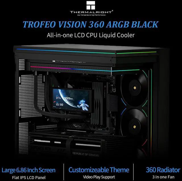 Alt view image 2 of 5 - Thermalrlght Trofeo Vision 360 ARGB Black CPU Aio Cooler,CPU Water Cooling System,6.86inch IPS Long Screen with 1280x480 Resolution,for AM4/AM5,LGA1851/1700,Magnetic Screen is not Limited