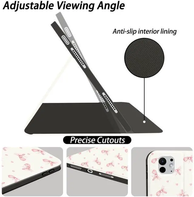 Alt view image 3 of 5 - JOYLAND Kawaii Pink Bow Ribbon Case for 10.2 Inch iPad 9th/8th/7th Generation(iPad 2021/2020/2019) with Pencil Holder Multi-Angle Stand Aesthetic Girly Leather Cover Auto Sleep/Wake for Girls