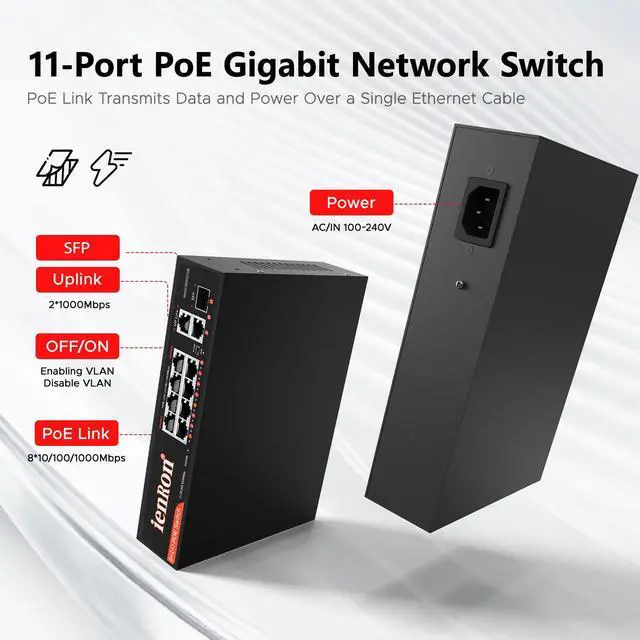 Alt view image 2 of 5 - ienRon 8 Port Gigabit PoE Switch, 8 PoE+ Ports 120W, 2× Gigabit Uplinks, 1× SFP+ Slot Metal Housing, 6KV Surge, VLAN, Plug & Play, Fanless for IP Cameras, AP, Business Network Switch