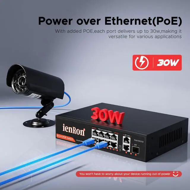 Alt view image 3 of 5 - ienRon 8 Port Gigabit PoE Switch, 8 PoE+ Ports 120W, 2× Gigabit Uplinks, 1× SFP+ Slot Metal Housing, 6KV Surge, VLAN, Plug & Play, Fanless for IP Cameras, AP, Business Network Switch