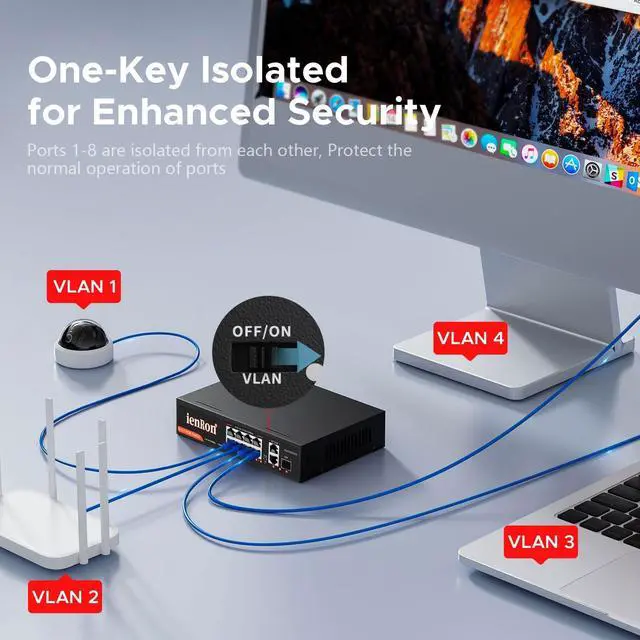 Alt view image 4 of 5 - ienRon 8 Port Gigabit PoE Switch, 8 PoE+ Ports 120W, 2× Gigabit Uplinks, 1× SFP+ Slot Metal Housing, 6KV Surge, VLAN, Plug & Play, Fanless for IP Cameras, AP, Business Network Switch