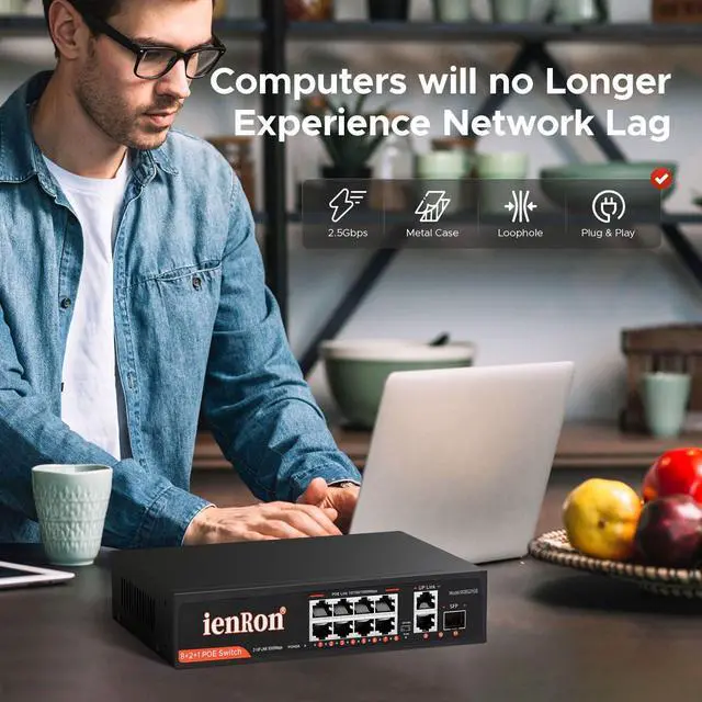 Alt view image 5 of 5 - ienRon 8 Port Gigabit PoE Switch, 8 PoE+ Ports 120W, 2× Gigabit Uplinks, 1× SFP+ Slot Metal Housing, 6KV Surge, VLAN, Plug & Play, Fanless for IP Cameras, AP, Business Network Switch