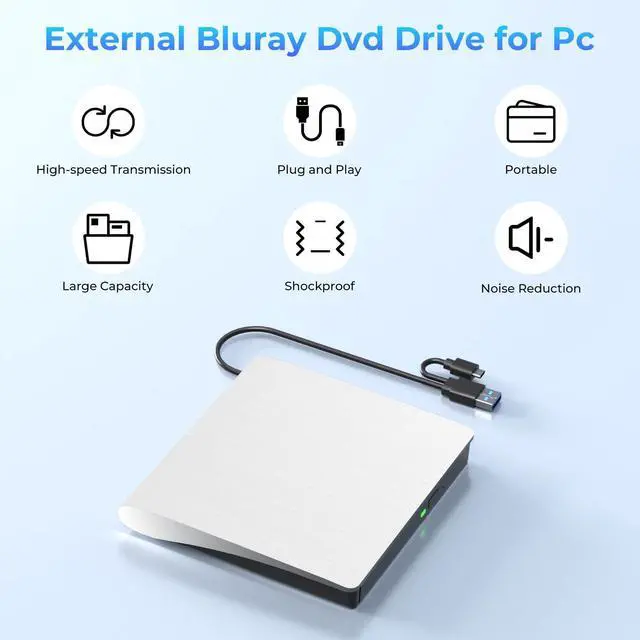 Alt view image 2 of 5 - Yaeonku White External Blu Ray Drive, Support 50G Disc Read/Write Bluray Drives, Portable 3D Blu Ray Burner with USB 3.0 and Type-C, Suitable for Windows XP/7/8/10/11 MacOS for Laptop, Desktop, Mac