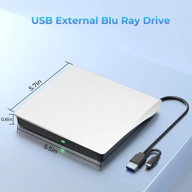 Alt view image 5 of 5 - Yaeonku White External Blu Ray Drive, Support 50G Disc Read/Write Bluray Drives, Portable 3D Blu Ray Burner with USB 3.0 and Type-C, Suitable for Windows XP/7/8/10/11 MacOS for Laptop, Desktop, Mac