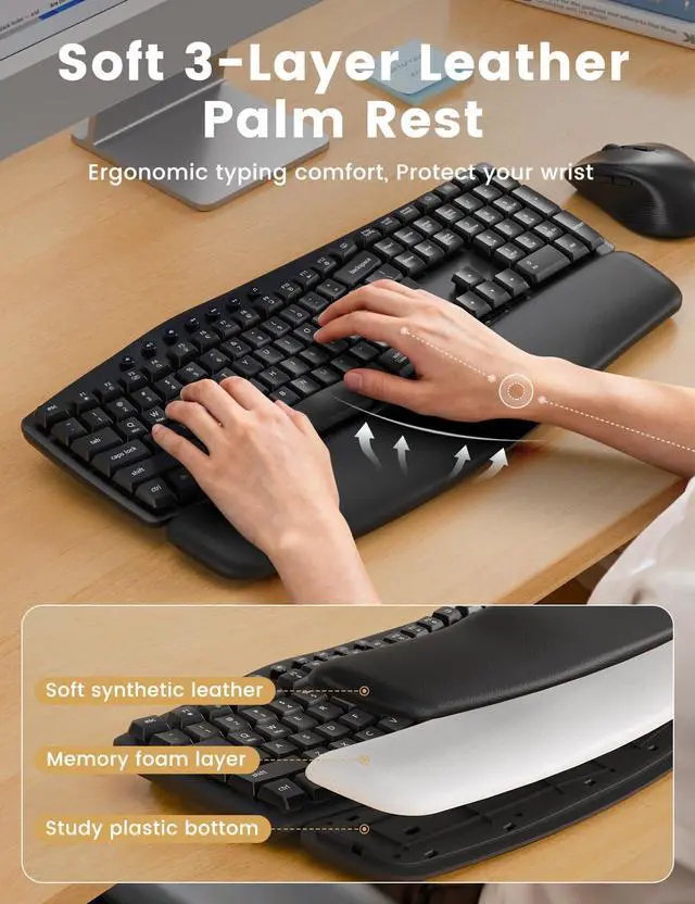 Alt view image 2 of 5 - Quiet Wireless Keyboard and Mouse Combo,30dB Silent Ergonomic Full-Size Keyboard Set with Wave Keys & Soft Palm Rest, Dual-System Switch for Windows/Mac, Ideal for Business Teams & Home OfficeSablute