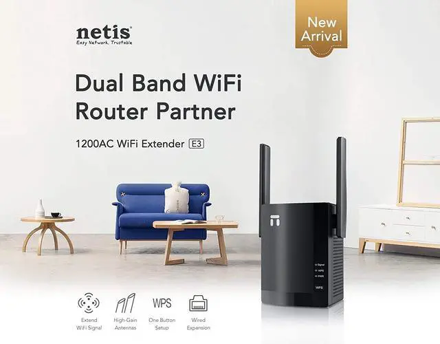 Alt view image 3 of 5 - Netis E3 AC1200 Wireless Dual Band Range WiFi Extender with WPS One Button Setup, 2 High Gain Antennas and Wired Expansion Port
