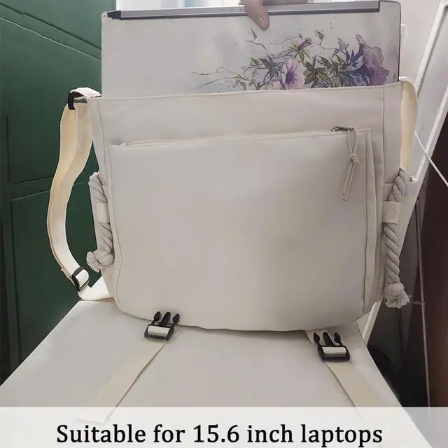 Alt view image 5 of 5 - Aesthetic Crossbody Bag, 15.6 Inch laptop messenger bag for women, Cute Shoulder Bag with Cute Pins and Ornament White