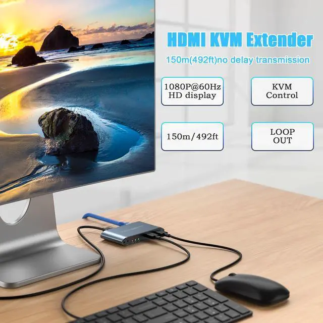Alt view image 3 of 5 - HDMI KVM USB Extender 492ft 150M Over Cat 5e 6 7 Ethernet Balun 1080P with Loop Out Function for Mouse and Keyboard Control DVR/NVR