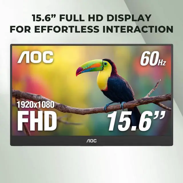 Alt view image 2 of 5 - AOC 16T20 Portable Monitor 15.6 Inch FHD 1920x1080, IPS Panel Computer Display, Speakers, USB Type C x2, Mini HDMI x1, Premium Smart Cover, Gaming Console Compatible