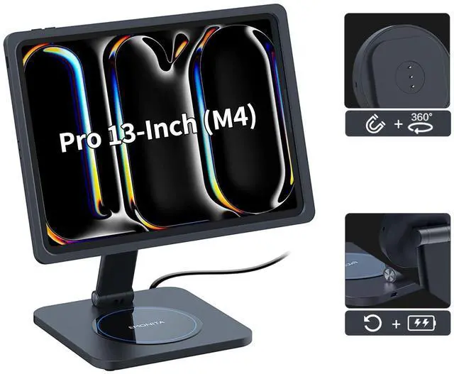 Main image of EMONITA Foldable Magnetic Stand with Charging Case A13 for iPad Pro 13-Inch (M4). Strong Magnets, 360 Rotation, 90 Tilt, 45W Fast Charger Adapter USB C Cable Included