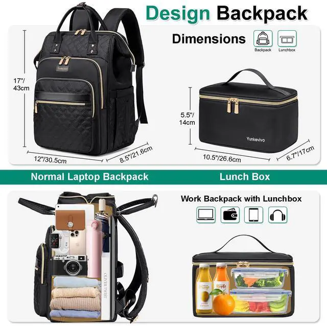 Alt view image 4 of 5 - Yunkevivo Lunch Backpack for Women, 15.6 Inch Laptop Backpack for Womens Stylish Nurse, Teacher Work Back pack with Lunch Box Insulated Backpacks Cooler for Women Men Travel Camping Picnics