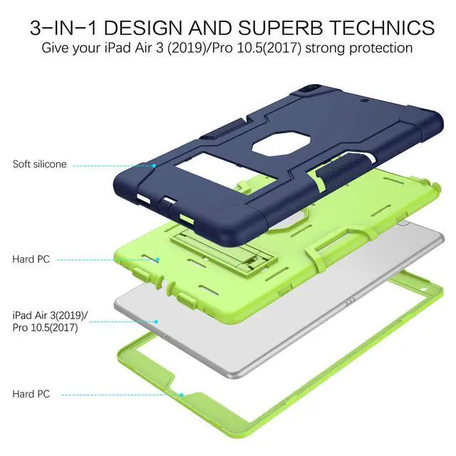 Alt view image 2 of 5 - BENTOBEN for iPad Air 3 2019 Case, iPad Pro 10.5" 2017 Case, 3 Layers Heavy Duty Rugged Shockproof Kickstand Sturdy Protective Tablet Cases for iPad Air 3rd Gen/iPad Pro 10.5" 2017, Dark Blue/Green