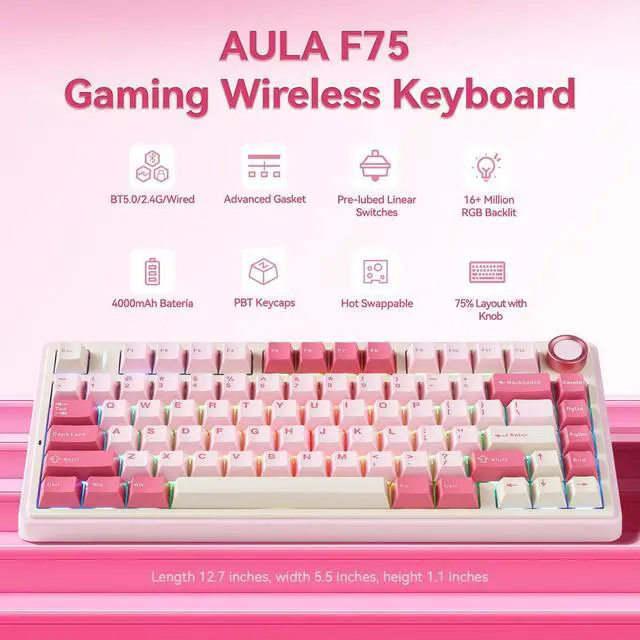 Alt view image 2 of 5 - AULA F75 Wireless Keyboard, 75% Gaming Keyboard Hot Swappable with Creamy Sound,Bluetooth/2.4GHz/USB-C,Custom RGB Mechanical Keyboard for PC Gamer - Pink
