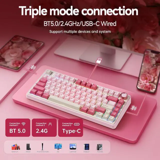 Alt view image 3 of 5 - AULA F75 Wireless Keyboard, 75% Gaming Keyboard Hot Swappable with Creamy Sound,Bluetooth/2.4GHz/USB-C,Custom RGB Mechanical Keyboard for PC Gamer - Pink