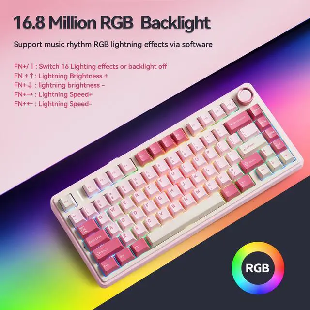 Alt view image 5 of 5 - AULA F75 Wireless Keyboard, 75% Gaming Keyboard Hot Swappable with Creamy Sound,Bluetooth/2.4GHz/USB-C,Custom RGB Mechanical Keyboard for PC Gamer - Pink