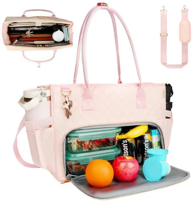 Main image of SIYNPAV Lunch Tote Bag with 15.6 Inch Laptop Compartment& Water Bottle Pocket, Quilted Nylon Work Tote Bag with Large Insulated Lunch Compartment for Women School Business Teacher Nurse (Pink)