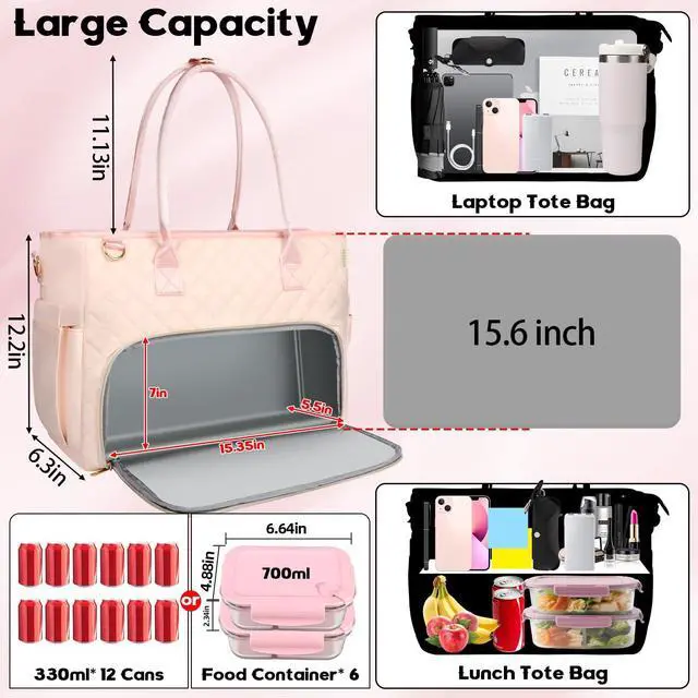Alt view image 3 of 5 - SIYNPAV Lunch Tote Bag with 15.6 Inch Laptop Compartment& Water Bottle Pocket, Quilted Nylon Work Tote Bag with Large Insulated Lunch Compartment for Women School Business Teacher Nurse (Pink)