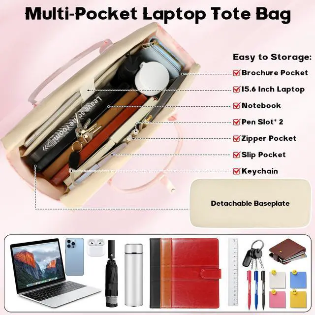 Alt view image 4 of 5 - SIYNPAV Lunch Tote Bag with 15.6 Inch Laptop Compartment& Water Bottle Pocket, Quilted Nylon Work Tote Bag with Large Insulated Lunch Compartment for Women School Business Teacher Nurse (Pink)