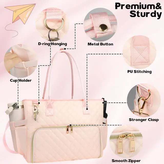 Alt view image 5 of 5 - SIYNPAV Lunch Tote Bag with 15.6 Inch Laptop Compartment& Water Bottle Pocket, Quilted Nylon Work Tote Bag with Large Insulated Lunch Compartment for Women School Business Teacher Nurse (Pink)