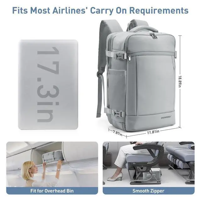 Alt view image 3 of 5 - SHOWKOO 40L Travel Backpack for Men & Women, Airline Approved Carry On Laptop Backpack Fits 17.3", Waterproof Personal Item Bag Expandable Large Capacity Weekender Backpack