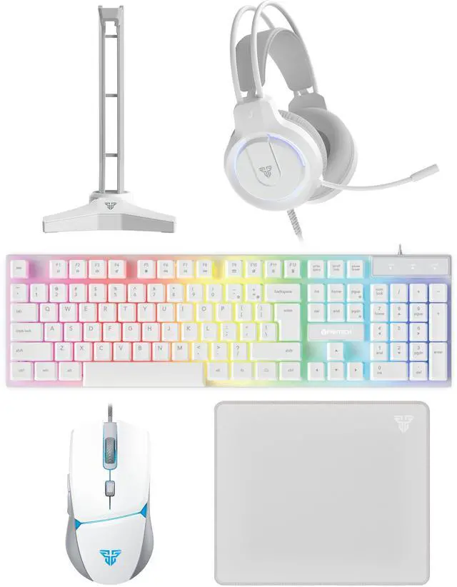 Main image of FANTECH 5 in-1 Gaming Keyboard and Mouse Combo, Rainbow LED Backlit Wired Keyboard, Headset and Headphone Stand Gaming Mouse Pad,Wired Mice, for,PC,Laptop,Xbox White