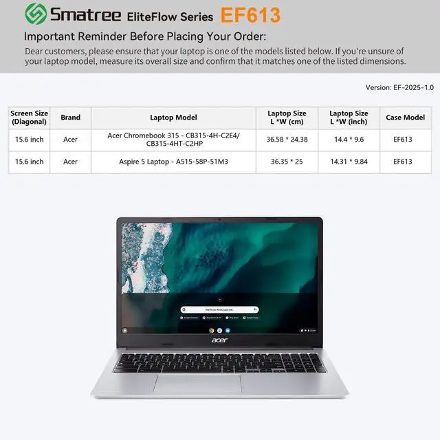 Alt view image 2 of 5 - Smatree EliteFlow Laptop Sleeve Case for 15.6 inch Acer Chromebook 315, for 15.6 inch Acer Aspire 5, Slim Protective Laptop Case with Pocket and Handle, Patented Super-Corner Shock Protection (EF613)