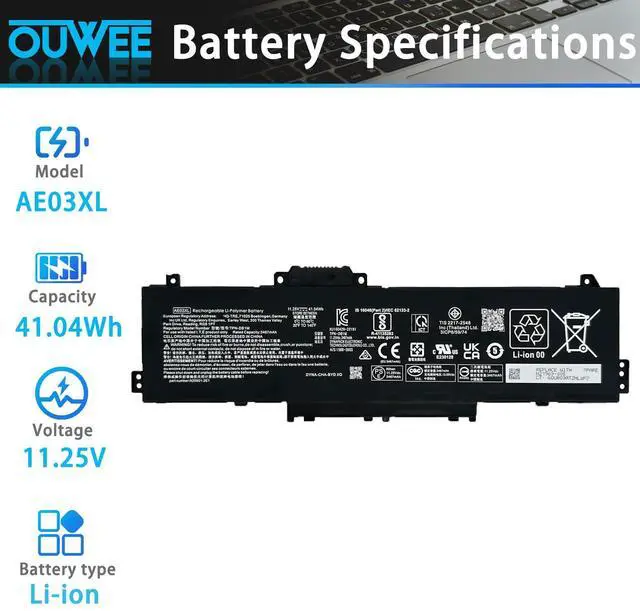 Alt view image 2 of 5 - OUWEE AE03XL Laptop Battery 41.04Wh Compatible with HP 240 G10 / 245 G10 / 246 G10 / 250 G10 / 255 G10 / 256 G10 / 14-EE 14-EP 14-EM 15-FC 15-FD Series N21969-005 N2095-AC1 HSTNN-0B3E TPN-DB1N 11.25V