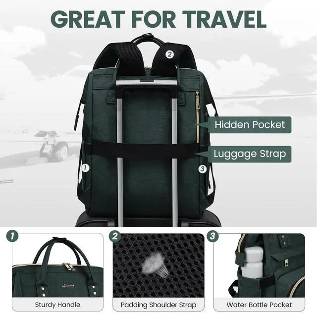 Alt view image 4 of 5 - LOVEVOOK Laptop Backpack for Women,18 Inch Professional Womens Travel Backpack Purse Computer Laptop Bag Nurse Teacher Backpack,Waterproof College Work Bags Carry on Back Pack with USB Port,Dark Green