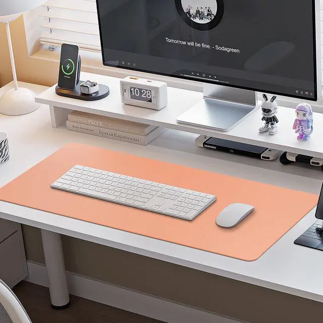 Alt view image 2 of 5 - Boutilon Leather Desk Pad Protector,Non-Slip Mouse Pad,Laptop Desk Pad,Office Mouse Mat,Waterproof Leather Desk Blotter,Desk Writing Pad for Office and Home (XXL-Orange Pink,47.2"x 17")