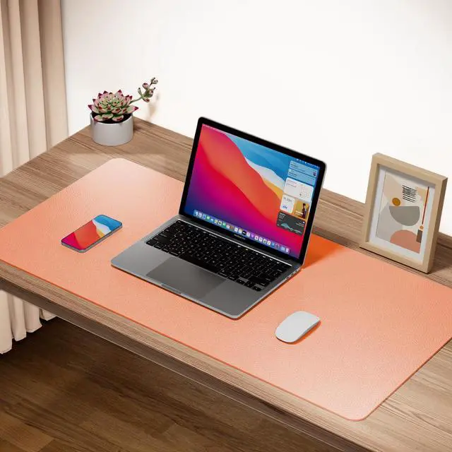 Alt view image 3 of 5 - Boutilon Leather Desk Pad Protector,Non-Slip Mouse Pad,Laptop Desk Pad,Office Mouse Mat,Waterproof Leather Desk Blotter,Desk Writing Pad for Office and Home (XXL-Orange Pink,47.2"x 17")