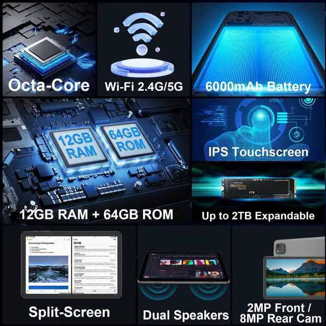 Alt view image 2 of 5 - COLORROOM Android 15 Tablet,10.1 inch Tablets,12GB+64GB+1TB Expand,Octa-core CPU,1280x800 Resolution,6000mAh Battery,18W Fast Charging,WiFi5,BT5.0,Dual Speakers,2MP+8MP,GPS,Widevine L1