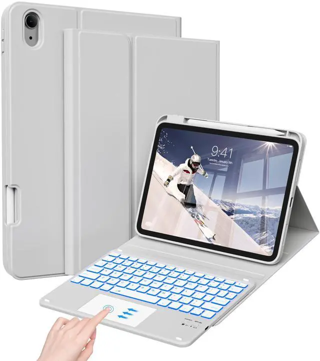 Main image of JKSML Case for iPad 10th/11th (A16) Gen with 7 Colors Backlight Touchpad Keyboard and Pencil Holder, Detachable Wireless Bluetooth Trackpad Keyboard, 3 Adjustable Angles, 10.9inch/11inch Case, Gray