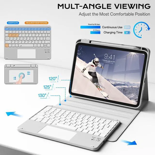 Alt view image 4 of 5 - JKSML Case for iPad 10th/11th (A16) Gen with 7 Colors Backlight Touchpad Keyboard and Pencil Holder, Detachable Wireless Bluetooth Trackpad Keyboard, 3 Adjustable Angles, 10.9inch/11inch Case, Gray