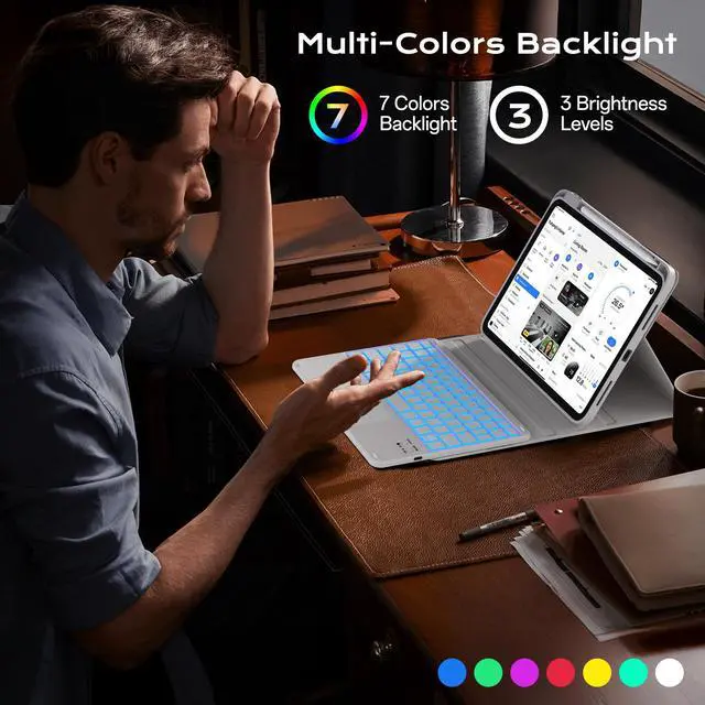 Alt view image 3 of 5 - JKSML Case for iPad 10th/11th (A16) Gen with 7 Colors Backlight Touchpad Keyboard and Pencil Holder, Detachable Wireless Bluetooth Trackpad Keyboard, 3 Adjustable Angles, 10.9inch/11inch Case, Gray