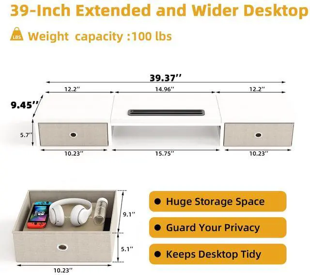 Alt view image 3 of 5 - Dual Monitor Stand Riser with 2 Drawers - 39Inch Large Storage Computer Monitor Stands for 2 Monitors, Wooden Desktop Organizer Perfect for Home Office Desk, Computer, Laptop, TV, White